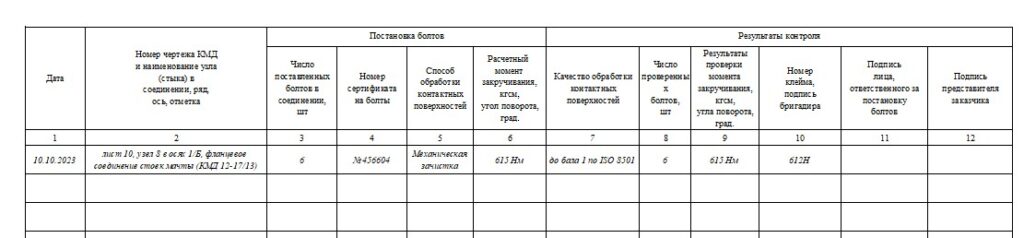 Журнал выполнения монтажных соединений на болтах с контролируемым натяжением заполнение