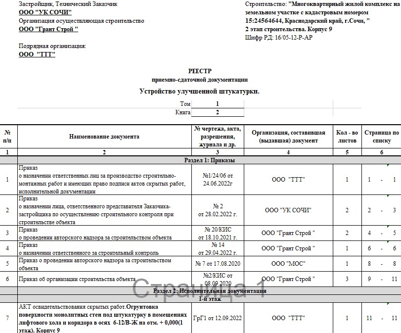 Реестр исполнительной документации